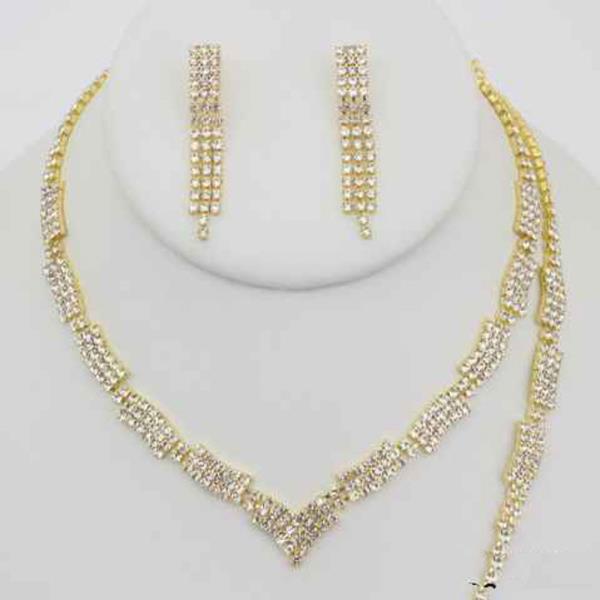 RHINESTONE V TENNIS NECKLACE EARRING BRACELET SET