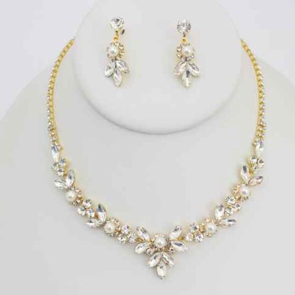 RHINESTONE CRYSTAL STONE PEARL FLORAL NECKLACE EARRING SET