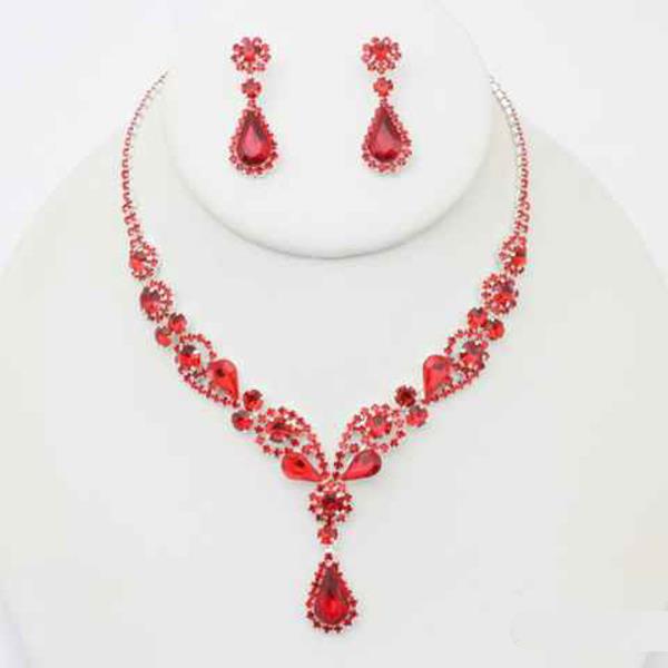 RHINESTONE CRYSTAL STONE TEARDROP FLORAL STATEMENT NECKLACE EARRING SET