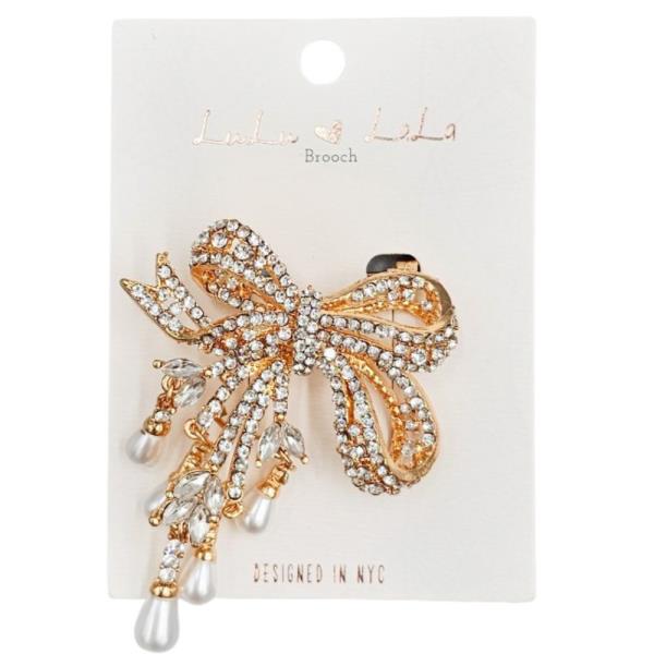 RHINESTONE PEARL BOW BROOCH