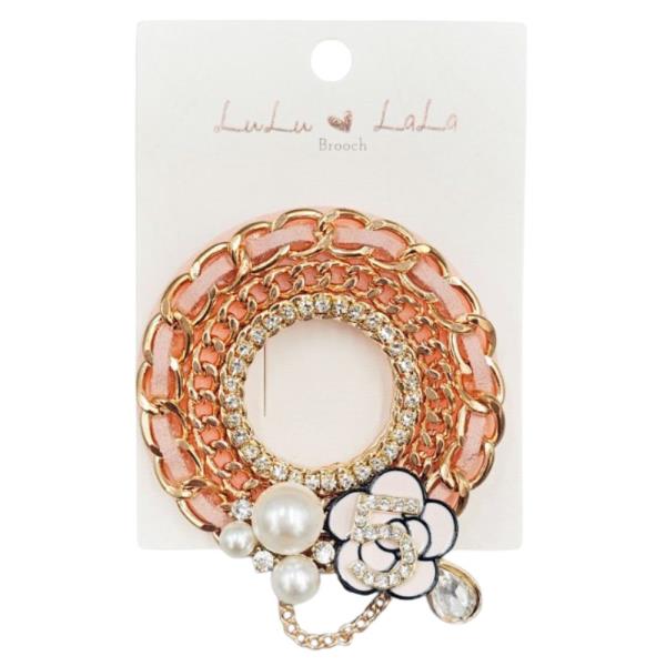 RHINESTONE PEARL CHAIN FLORAL ROUND BROOCH