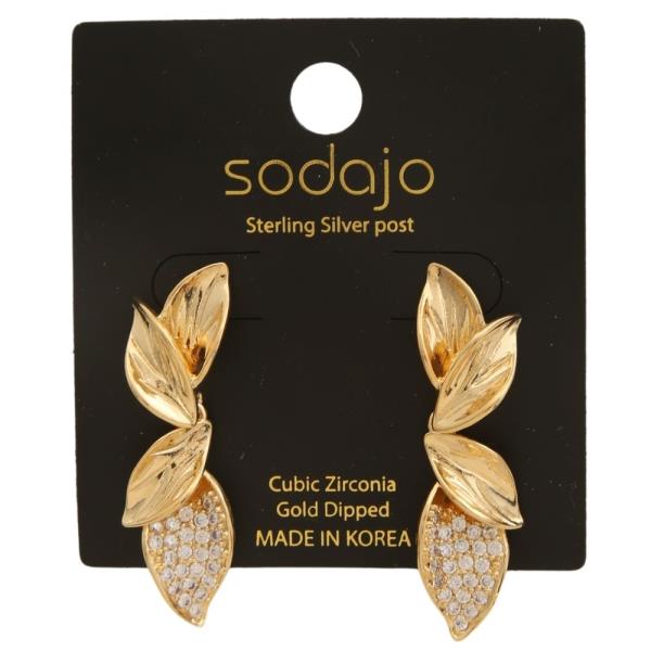 SODAJO GOLD DIPPED CZ LEAF DROP EARRING