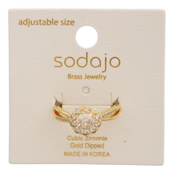 SODAJO BRASS GOLD DIPPED CZ ROUND HALO ADJUSTABLE RING