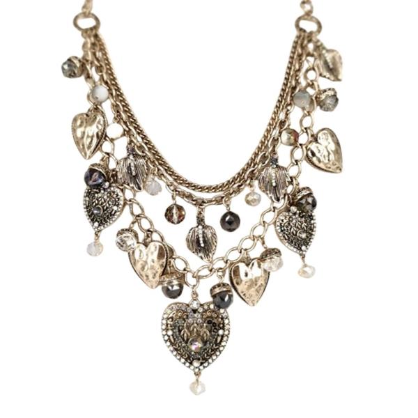 RHINESTONE CRYSTAL STONE HEART LEAF MULTI CHARM LAYERED NECKLACE EARRING SET