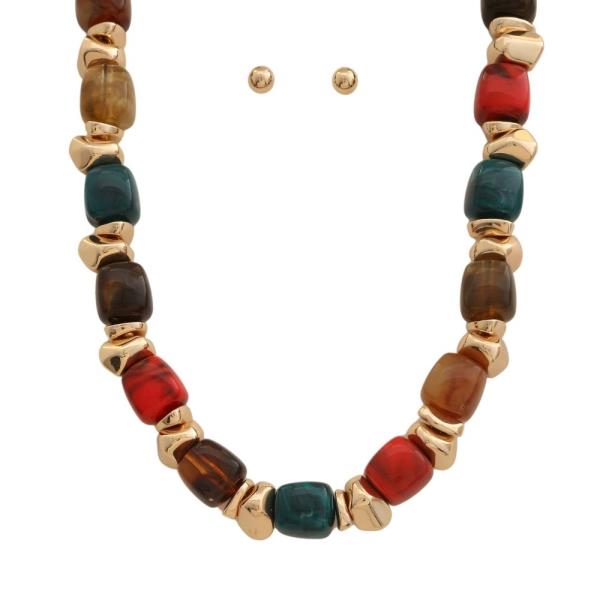 ORGANIC SQUARE MARBLE BEAD STATEMENT NECKLACE EARRING SET