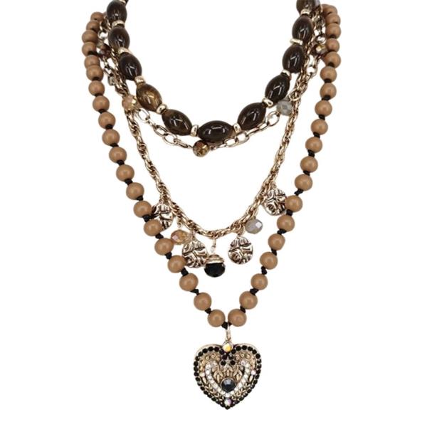 RHINESTONE WOOD BEAD HEART MULTI CHARM LAYERED NECKLACE EARRING SET APPROX
