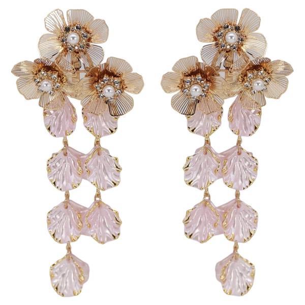 PEARL METAL CRYSTAL STONE FLORAL LEAF STATEMENT DROP EARRING