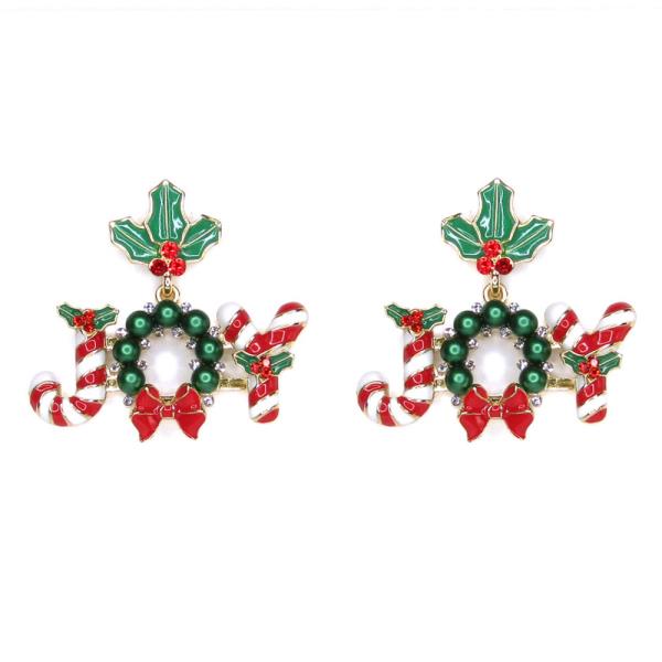 RHINESTONE ENAMEL CANDY CANE WREATH STUD EARRING