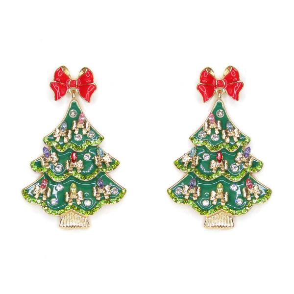 RHINESTONE ENAMEL BOW CHRISTMAS TREE DANGLE EARRING