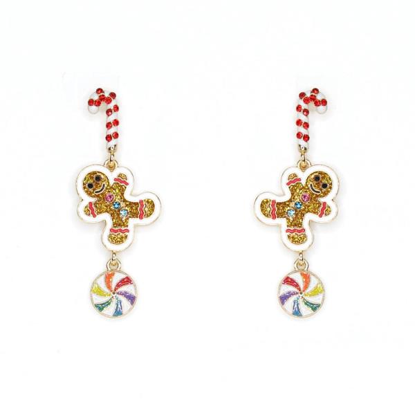 RHINESTONE ENAMEL GINGERBREAD CANDY CANE PEPPERMINT DANGLE EARRING