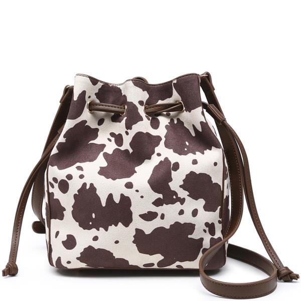 COW PRINT DRAWSTRING BUCKET CROSSBODY BAG