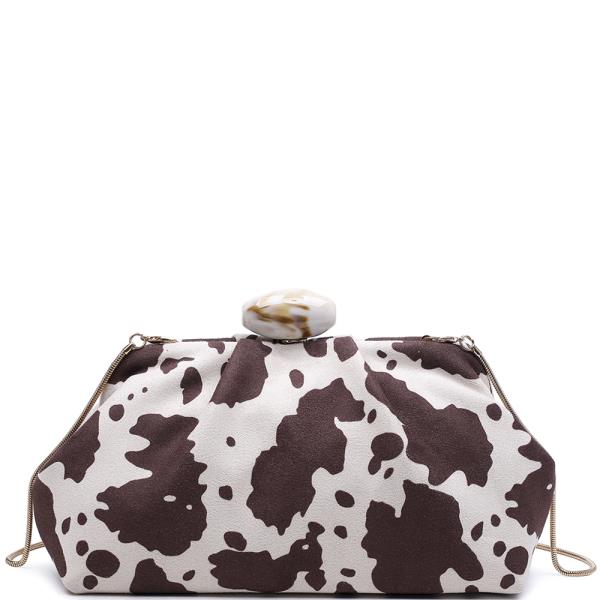ANIMAL COW PRINT MARBLE STONE ACCENT EVENING CLUTCH BAG