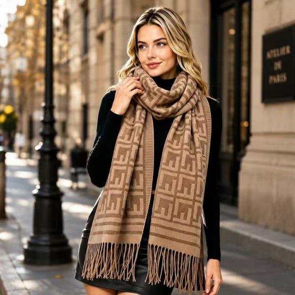 GEOMETRIC MONOGRAM FRINGE OBLONG SCARF
