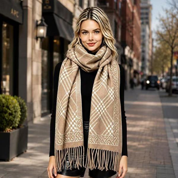PLAID BORDER FRINGE OBLONG SCARF