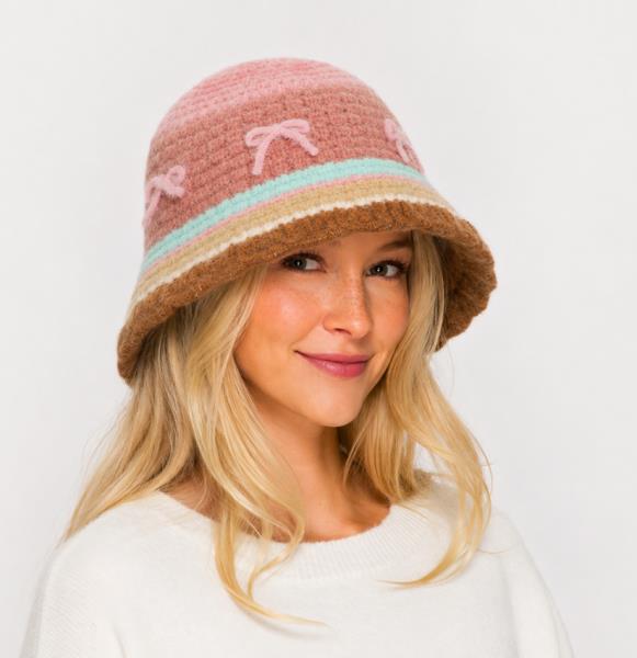 FUZZY EMBROIDERED BOW RAINBOW STRIPE BUCKET HAT