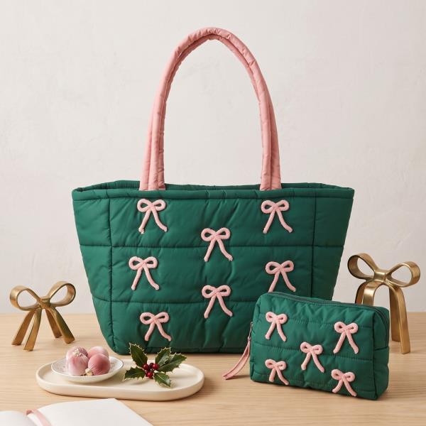 PINK BOWS QUILTED PUFFER TOTE