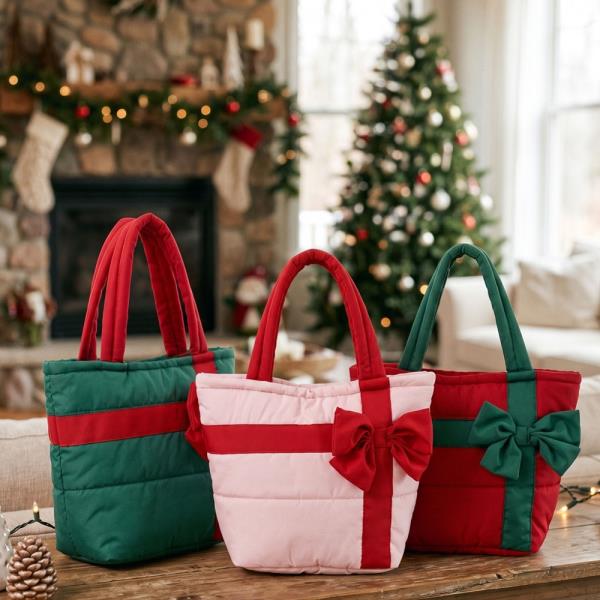 BOW DETAIL GIFT BOX QUILTED PUFFER TOTE