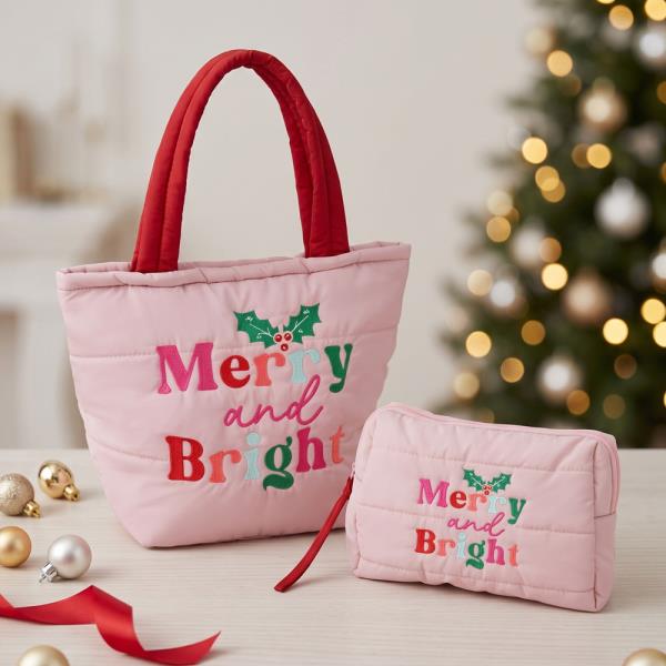MERRY AND BRIGHT CHRISTMAS QUILTED PUFFER TOTE