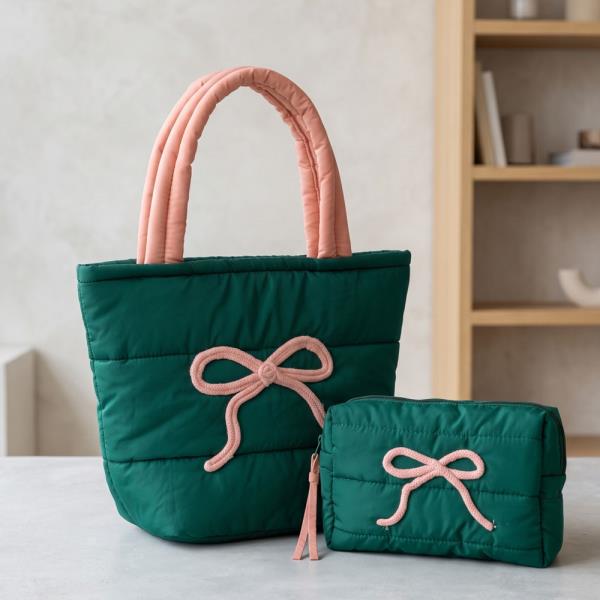 PINK BOW QUILTED PUFFER TOTE