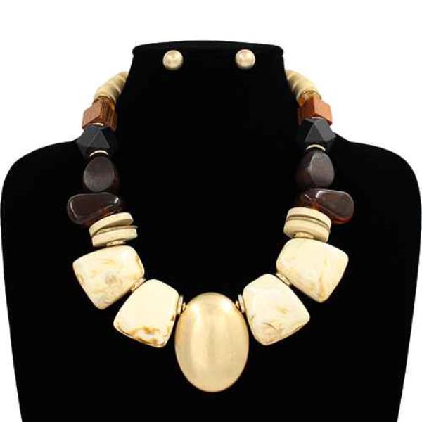 METAL RESIN CHUNKY BEADED NECKLACE EARRING SET