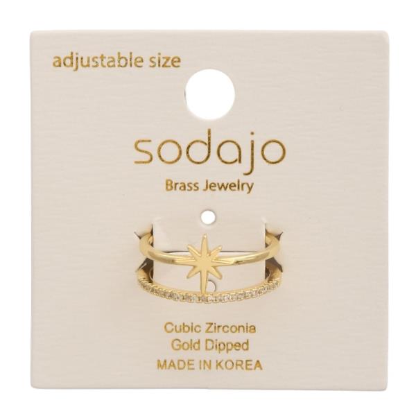SODAJO CZ GOLD DIPPED BRASS STARBURST DOUBLE BAND ADJUSTABLE RING