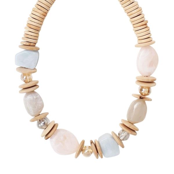 WOOD BEAD MARBLE STONE STATEMENT NECKLACE