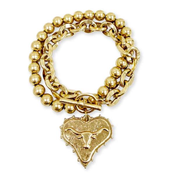 LAYERED  BALL BEAD ROLO CHAIN TOGGLE HORN HEART PENDANT BRACELET
