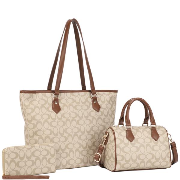 3IN1 OVAL MONOGRAM TOTE BAG W SATCHEL AND WALLET SET