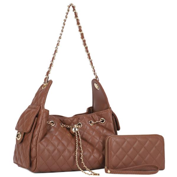 2IN1 QUILTED DRAWSTRING SHOULDER BAG W WALLET SET