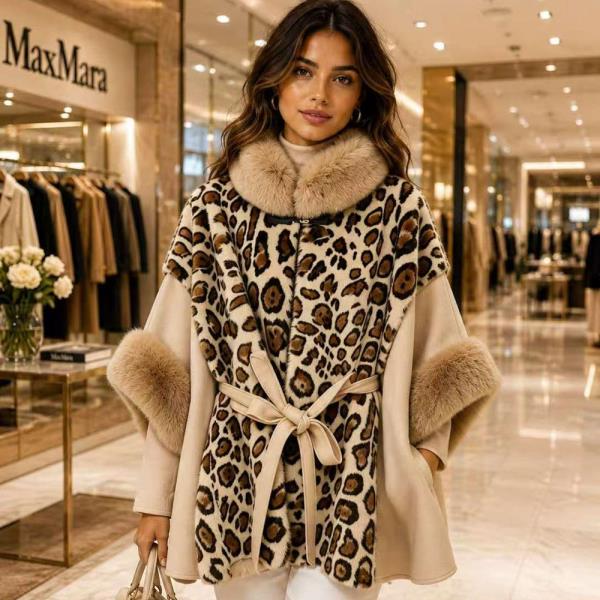 LEOPARD PRINT FAUX FUR TRIM BELTED PONCHO