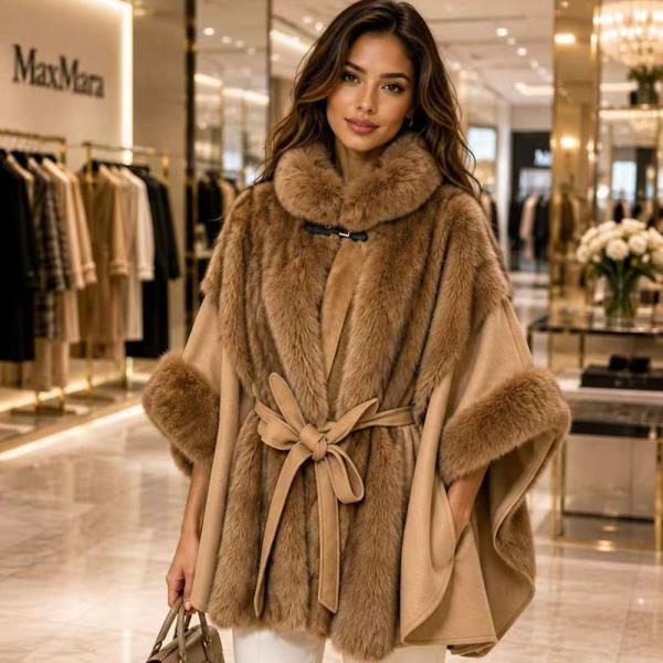 FAUX FUR FAUX LEATHER TRIM BELTED PONCHO
