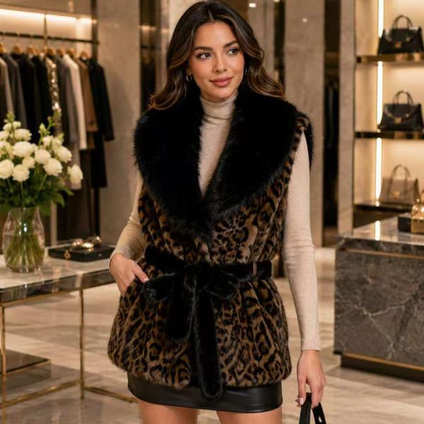 LEOPARD PRINT FAUX FUR TRIM BELTED VEST