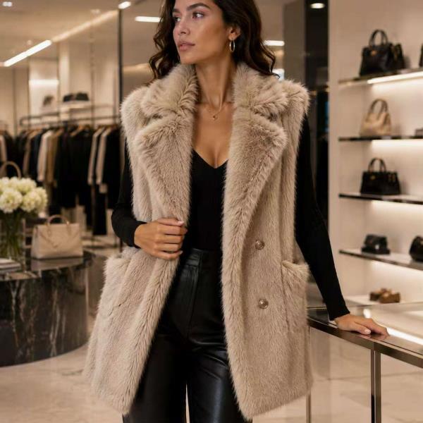 FAUX FUR BUTTON FRONT LONG VEST