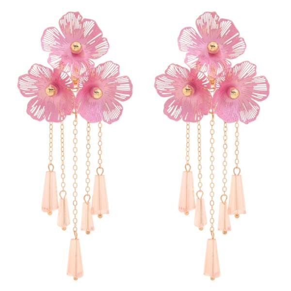 METAL FLOWER CHAIN BEAD DROP EARRING