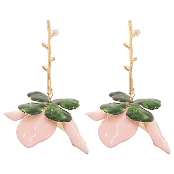 SDJ PINK ENAMELED FLOWER AND LEAF BRANCH DROP EARRING