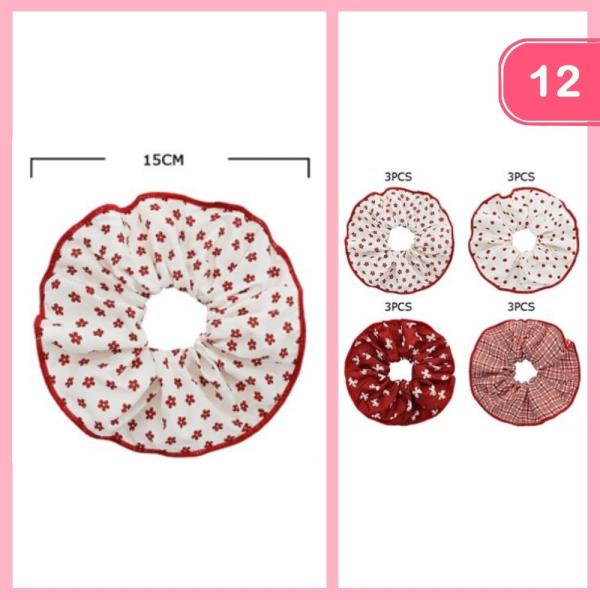 FLOWER POLKA DOT PLAID HAIR SCRUNCHIE (12 UNITS)