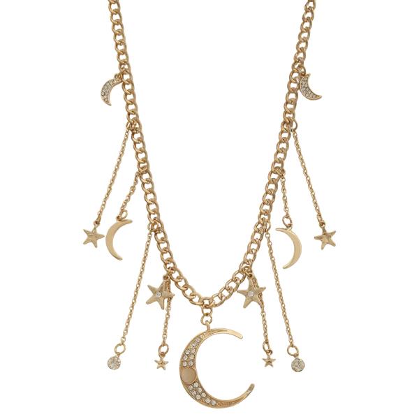 SDJ CELESTIAL ACCENTED CRESCENT MOON STAR CHARM DANGLE CHAIN LINK NECKLACE