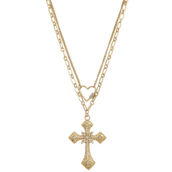 SDJ LAYERED RHINESTONE PEARL ACCENTED CROSS PENDANT HEART CHAIN LINK NECKLACE