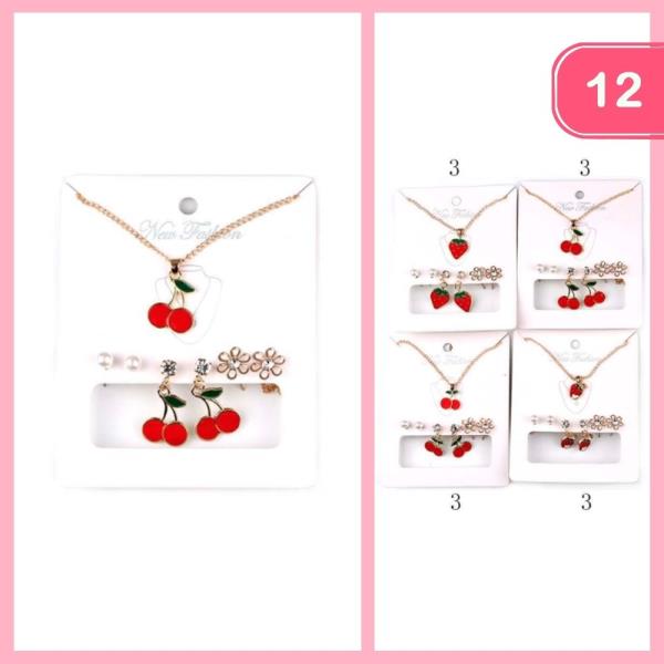 CHERRY PENDANT NECKLACE EARRING SET (12 UNITS)