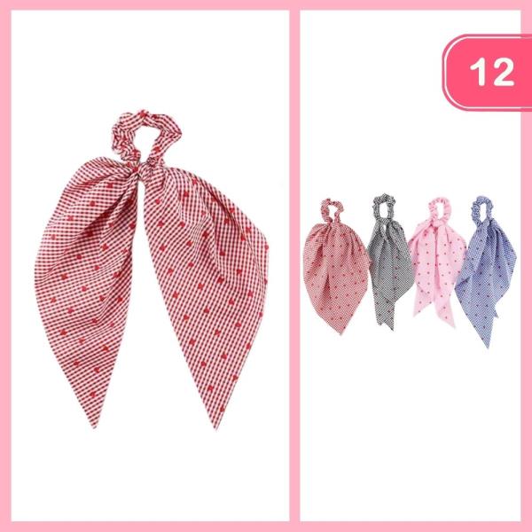 GINGHAM SMALL HEART PATTERN LONG TAIL HAIR SCRUNCHIE (12 UNITS)